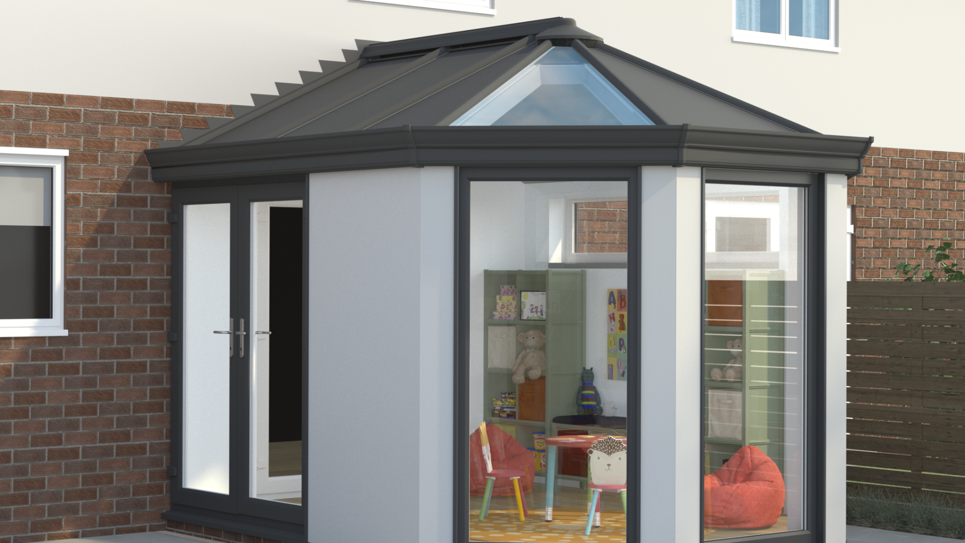 Virtual mock up of an Ultraframe hup! extension on the back of a house, featuring a play room interior.